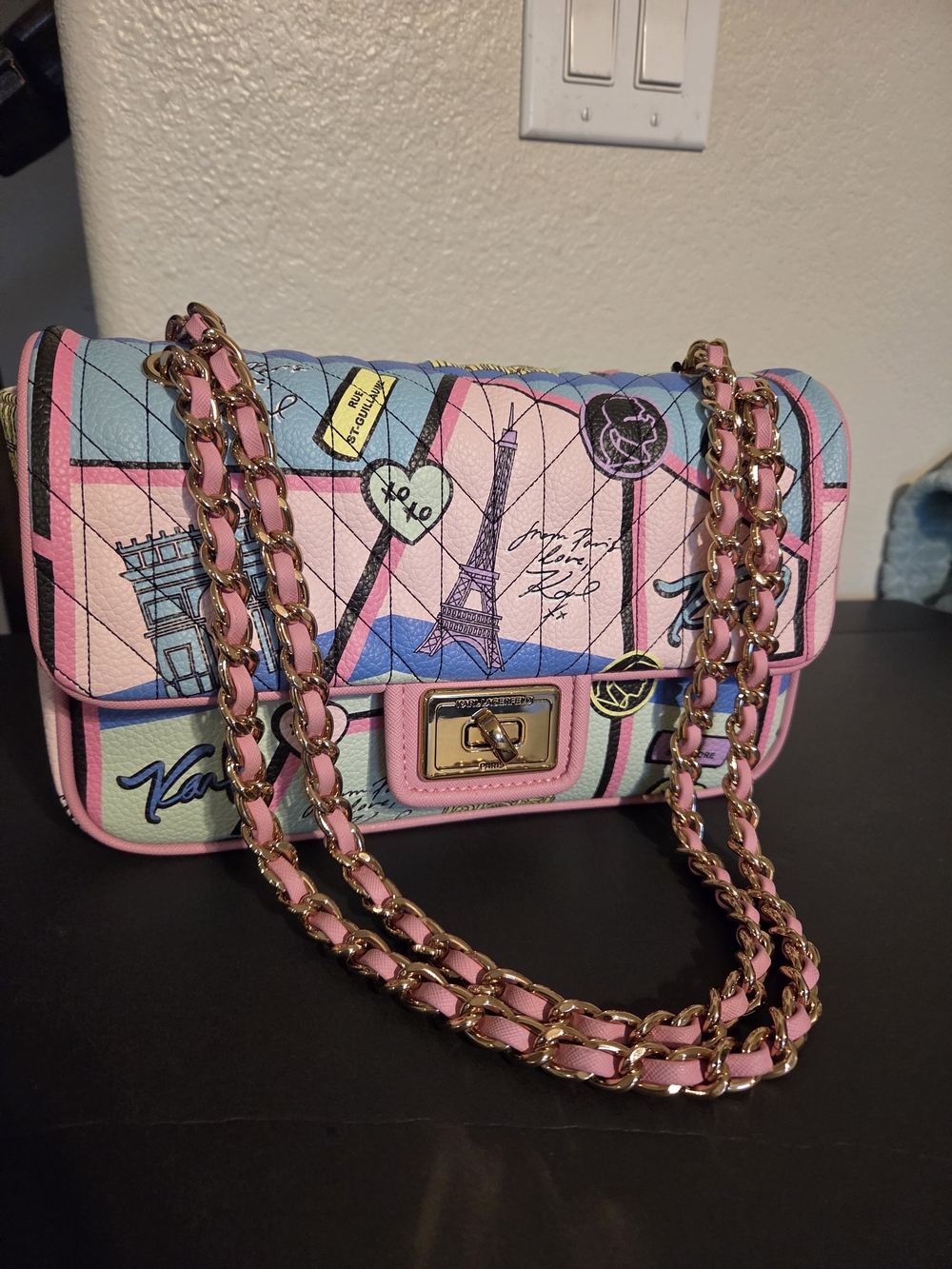 Karl Lagerfeld ParisAGYNESS Blush Pink Crossbody Bag QuiltedParis Print NWT